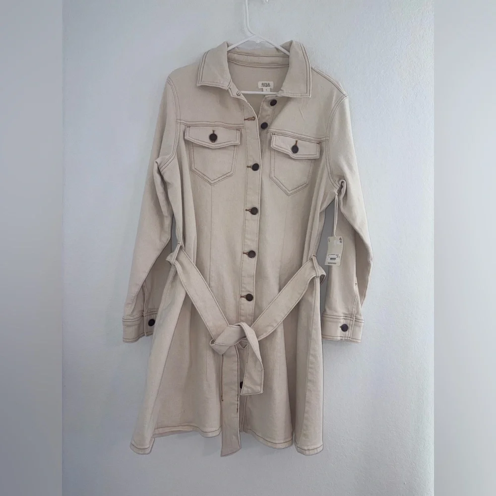 a.n.a Belted Denim Shirt Dress Ecru Size Large New NWT - Picture 3 of 14